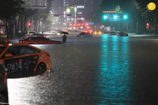 سیل در سئول؛ ایستگاه قطار و خودرو ها زیر آب رفت